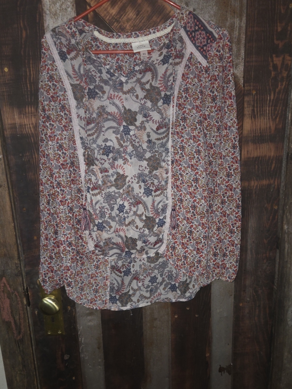 Knox Rose Boho Floral Panel Blouse - White, Blue & Brown